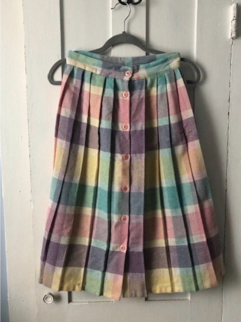 Vintage Block Island Pastel Plaid Button-Front A-Line Skirt, Multicolor